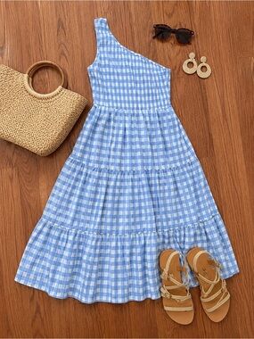 Blue White Gingham One Shoulder Smocked Top Midi Dress Pockets Stretch XL
